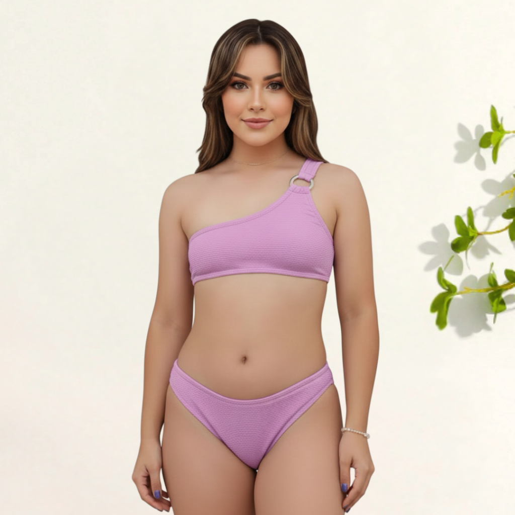 Conjunto de Biquíni para Meninas Ombro Único Tecido Canelado - Praia e Verão em Oferta na Shopee