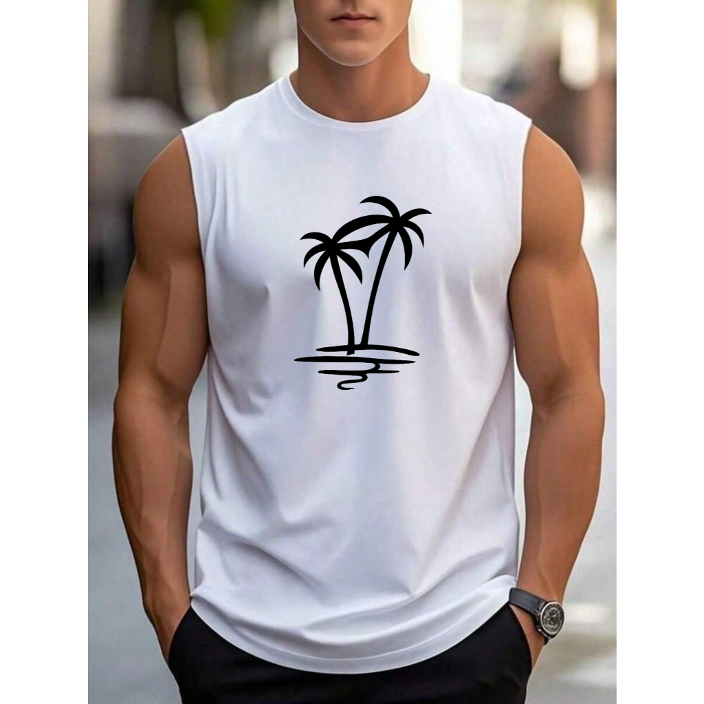Regata Masculina Coqueiro Duplo Camiseta 100% Algodão Cavada Estilo Praia