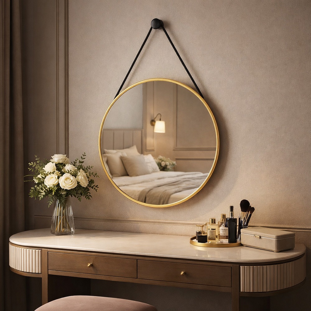Espelho Redondo Adnet 50cm com Alça e Suporte Sala Hall Lavabo Banheiro Quarto - Outlet Dos Espelhos em Oferta na Shopee