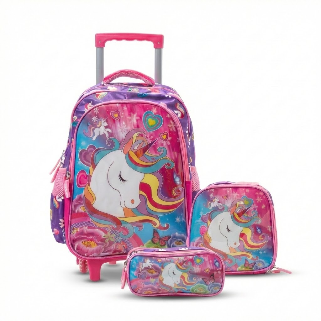 Kit Mochila Infantil Menina com Rodinhas de Silicone e Alça Costas + Lancheira Térmica + Estojo Escolar Grande