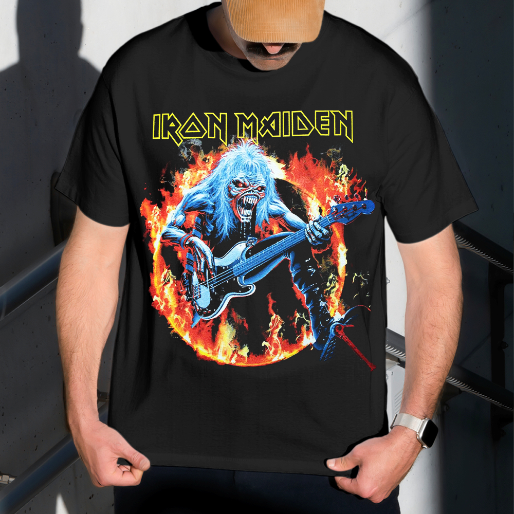 Camiseta Masculina Estampa Iron Maiden Chamas 100% Algodão Estilo Conforto Diário Do Tamanho P ao GG
