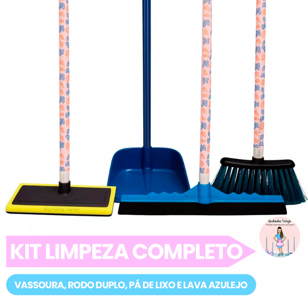 Kit Limpeza Completo: Vassoura, Rodo Duplo, Pá de Lixo e Lava Azulejo com Cabo em Oferta na Shopee