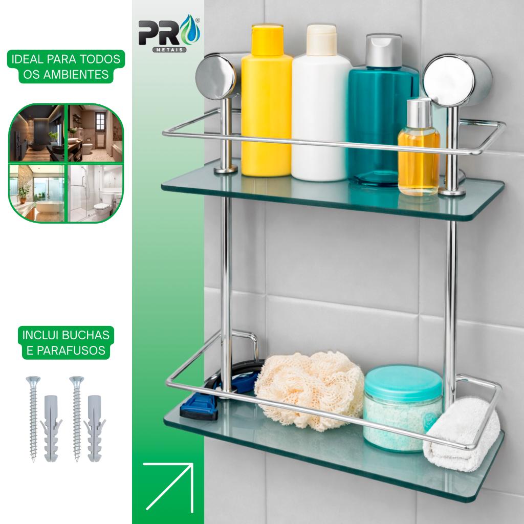 Porta Shampoo Prateleira Dupla Banheiro Luxo Suporte Reto Box Vidro Temperado Cromado Brilhoso 3556