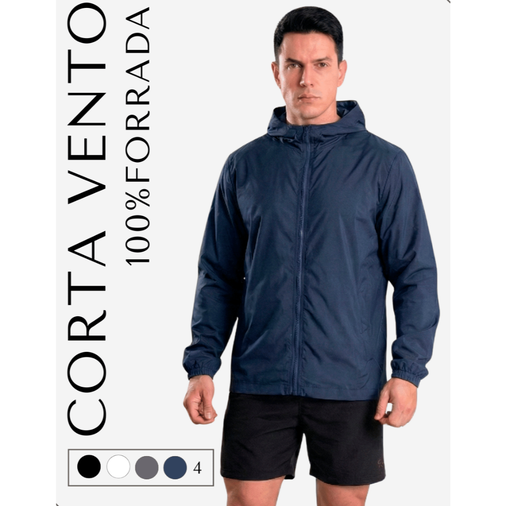 Jaqueta Corta Vento 100% Forrada Masculina Com Capuz e Zíper Lisa Leve Prático Confortável