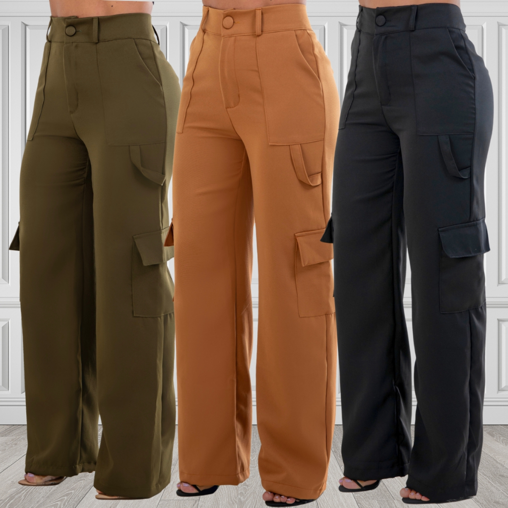 Calça Alfaiataria Social Feminina Pantalona Cargo Wide Leg Bolsos Cós Alto em Oferta na Shopee