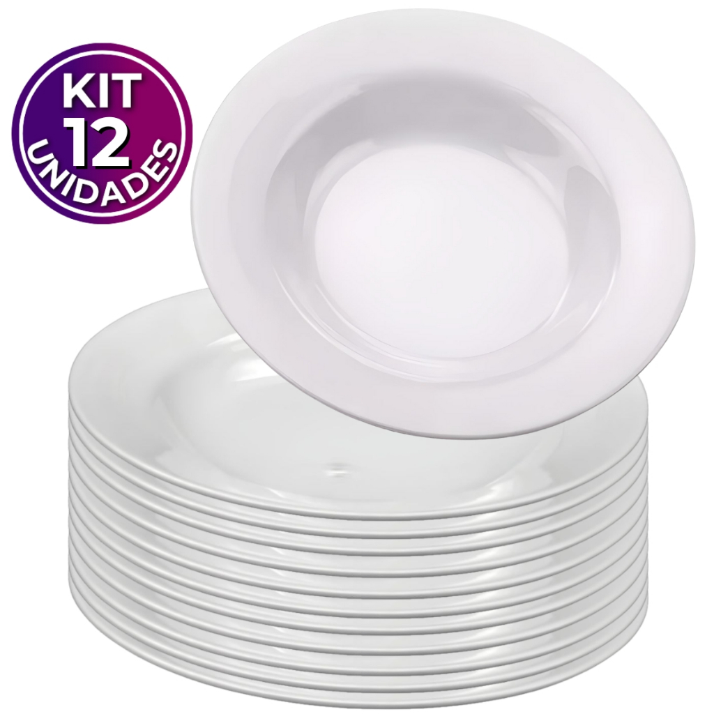 Kit 12 Pratos Fundos Redondos Melamina Branca 25cm Resistentes para Self Service Restaurante Buffet
