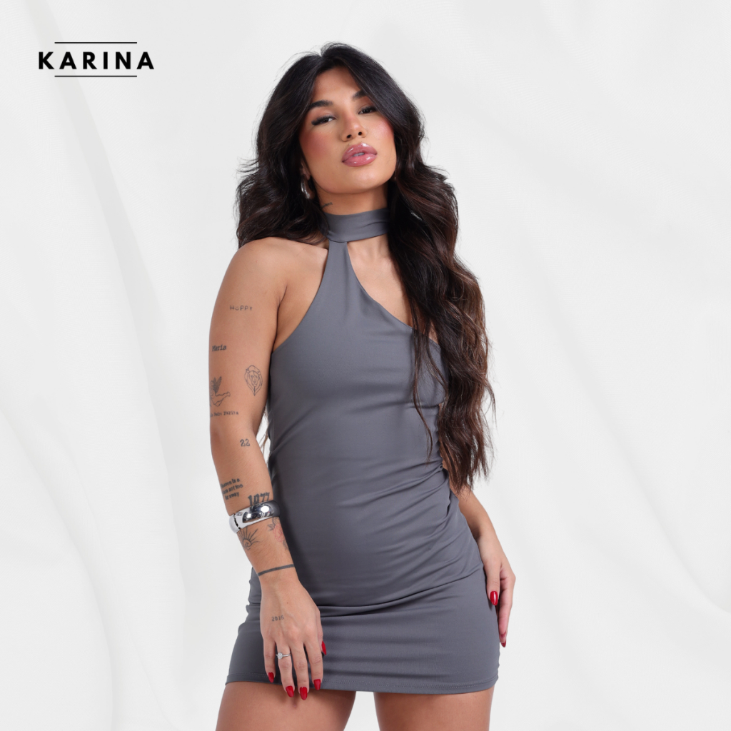 KARINA LOJA | Vestido Zoe Cinza Chumbo Curto Feminino Costas Abertas e Decote Moda Festa