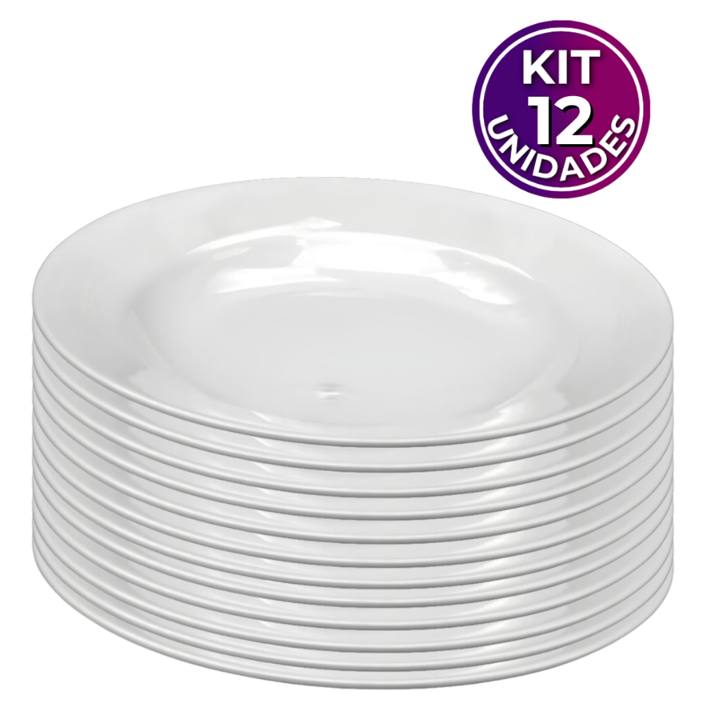 Kit 12 Pratos Fundos Redondos Brancos Melamina 25cm para Restaurante Hotel Buffet Self Service