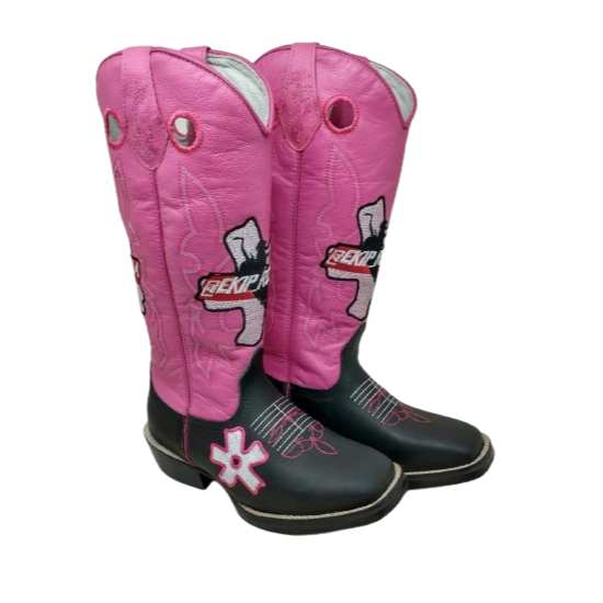 BOTA COUNTRY SALTO CARRAPETA PRETA EM COURO LEGITIMO CANO ROSA EKIP ROZETA