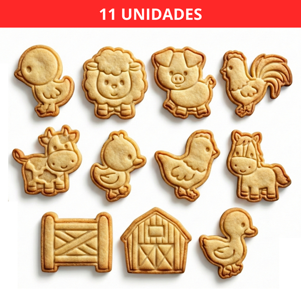 Kit 11 Cortadores/Marcadores de Biscoito de Granja Animais