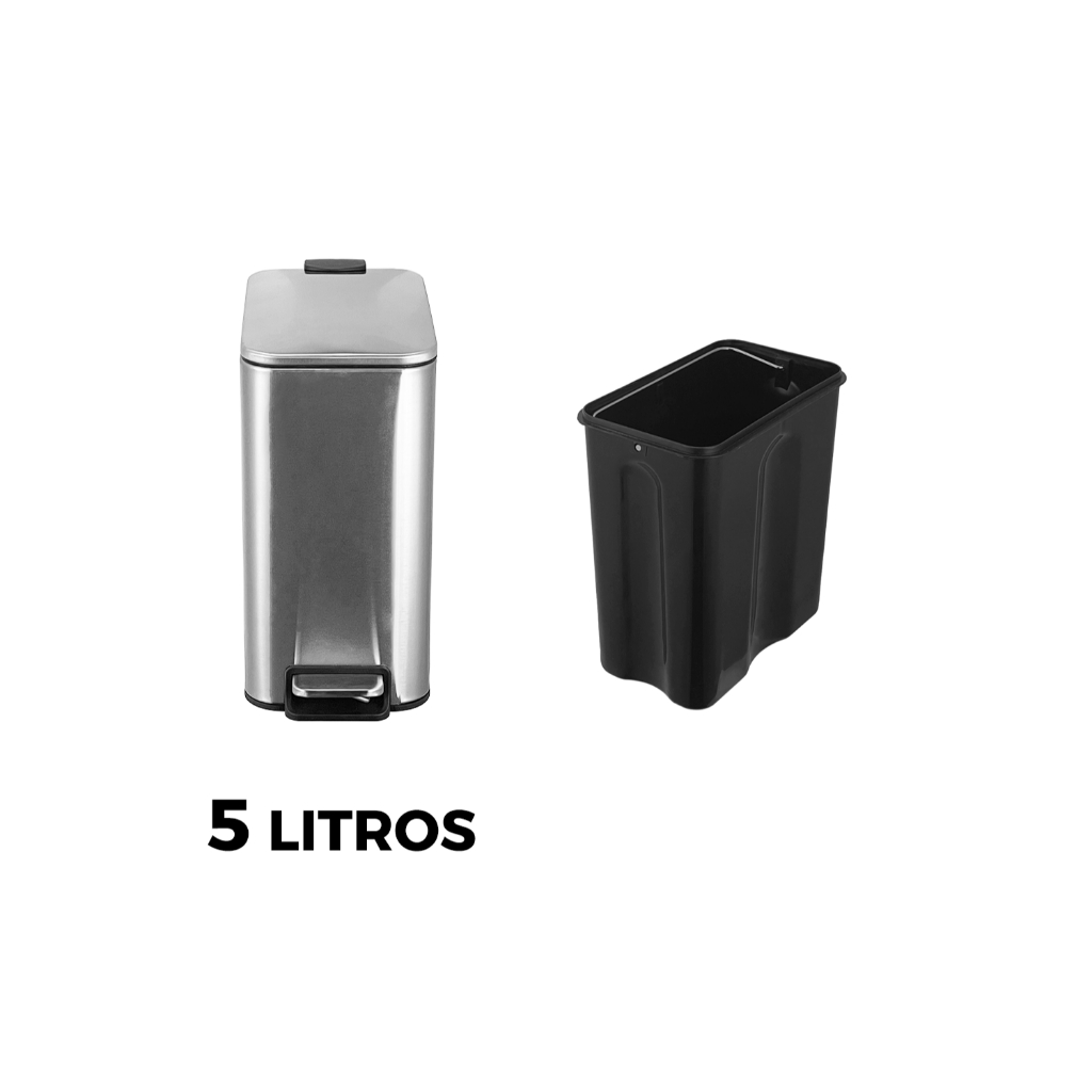 Lixeira Retangular Com Pedal Inox 5L Cesto Removível Tampa Amortecimento Calha Úmida
