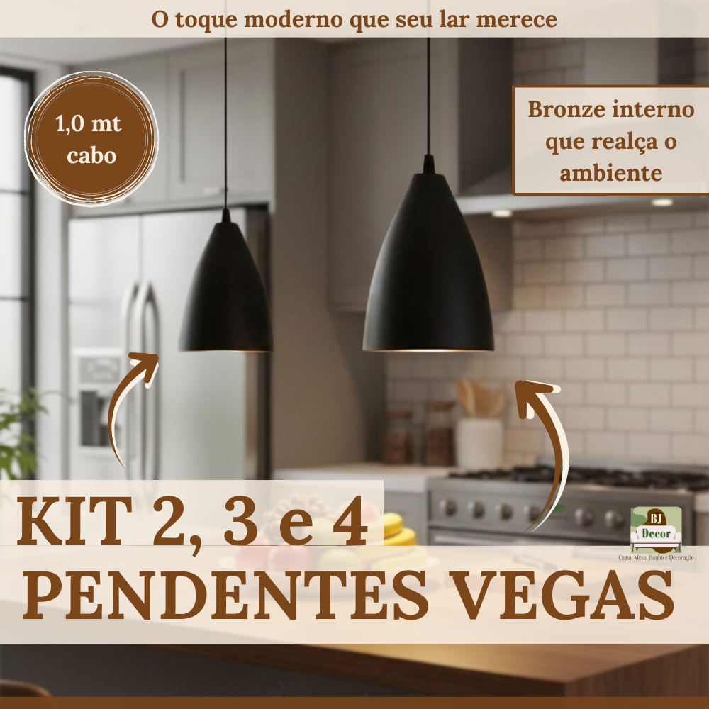 Kit Pendente 2, 3 e 4 Luminárias Vegas Preta | Luminária Pendente Moderna para Balcão e Cozinha