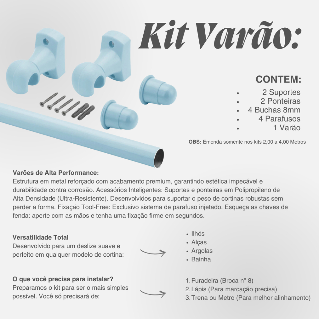 Varão Para Cortinas em Aço Simples 1,0 Metros e 19mm Kit Completo Decoração Super Resistente