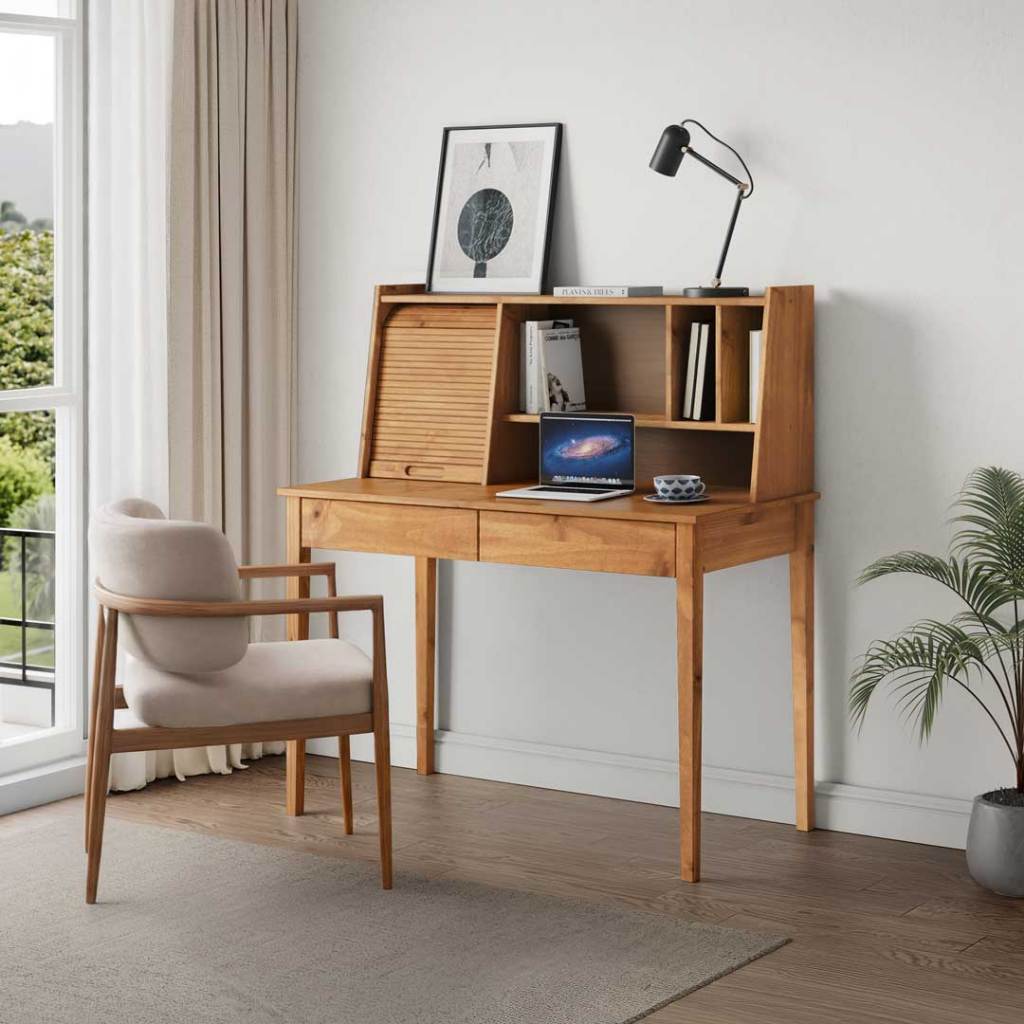 Mesa Estudo 110 cm Estante Madeira Rolltop 2 Gavetas Freijó Alisa em Oferta na Shopee