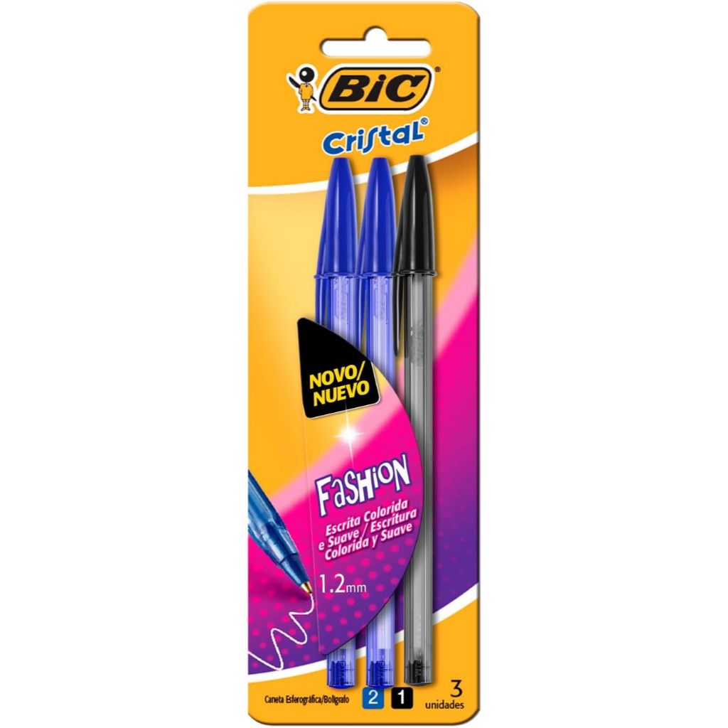 Caneta Esferográfica BIC Cristal Fashion com 2 Azul e 1 Preta, Ponta Média de 1,2mm, Escrita Macia em Oferta na Shopee