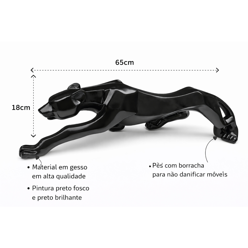 Pantera Decorativa Grande 65cm em Gesso Preto Sala Casa Luxo