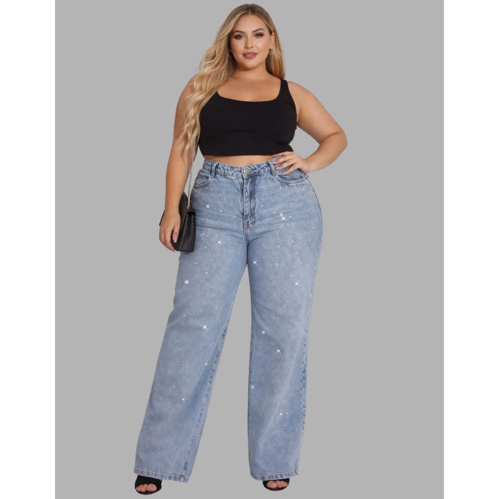 Calça Jeans Plus Size Feminina Wide Leg Com Strass Brilhinho