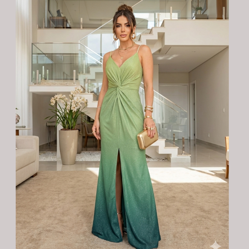 Vestido de Festa Longo Verde Degradê com Fenda Luxo, Nó Frontal - Madrinha e formanda