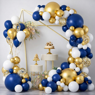 Kit 120 Balões Azul Royal Dourado Metalizado Branco Liso Arco Desconstruido+Fita Bexiga Aniversário em Oferta na Shopee