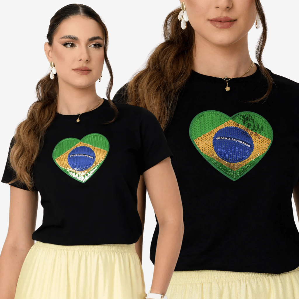 Camiseta Do Brasil Feminina Bordada Lantejoulas 100% Algodão Blusa Copa Do Mundo 2026 em Oferta na Shopee