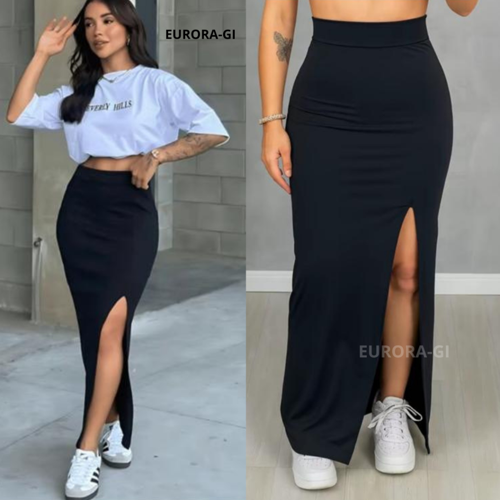 Saia Feminina Longa Midi Cintura Alta Com Fenda Na Lateral No Tecido Suplex Premium Em Promoção !!!! em Oferta na Shopee