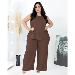 Conjunto Plus Size Feminino 54 ao 60 Tamanho grande Calça e Blusa Regata Crepe Duna Roupa Feminina Evangélico Pantalona