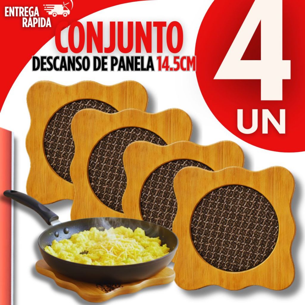 Jogo com 4 Descanso de Panela Top Bambu Casa Cozinha Jantar Premium Prático, Protege a Mesa Quente Utilidades Premium