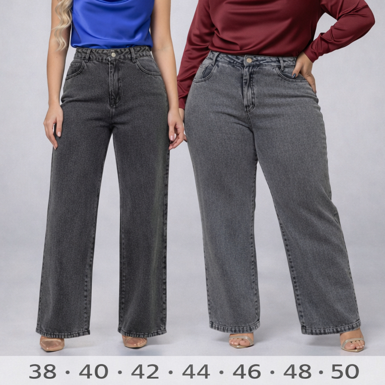 Calça Jeans Wide Leg Feminina Premium Preta Marmorizada, Cintura Alta, Direto da Fábrica em Oferta na Shopee