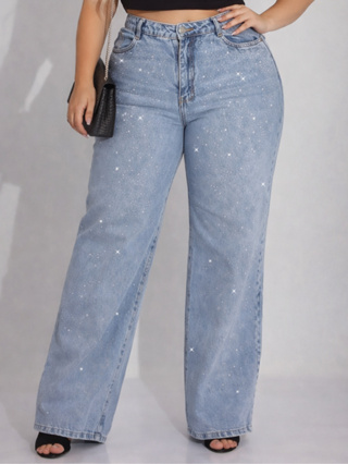 Calça Jeans Feminina Plus Size Wide Leg Com Brilinhos Strass em Oferta na Shopee