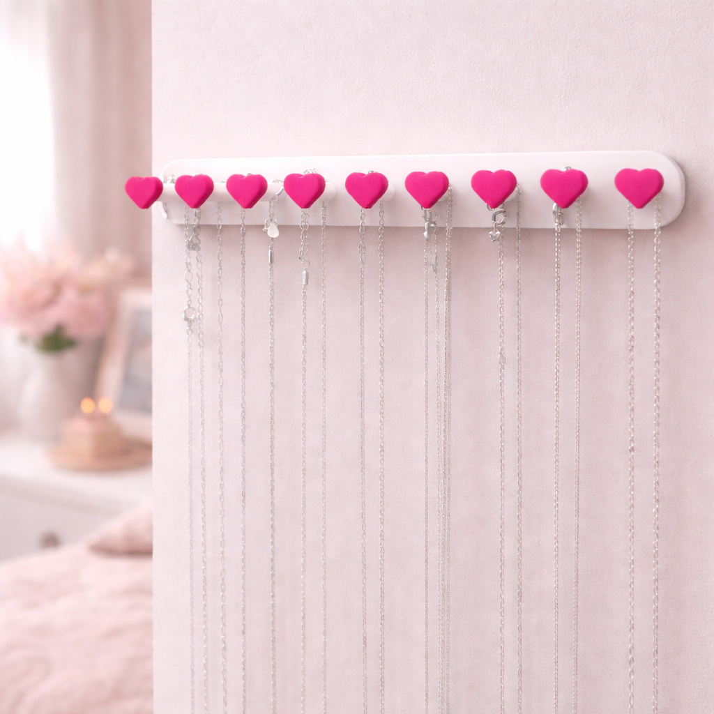 Porta Colares de Parede 21cm com Ganchos em Formato de Coração – Organizador Moderno para Joias