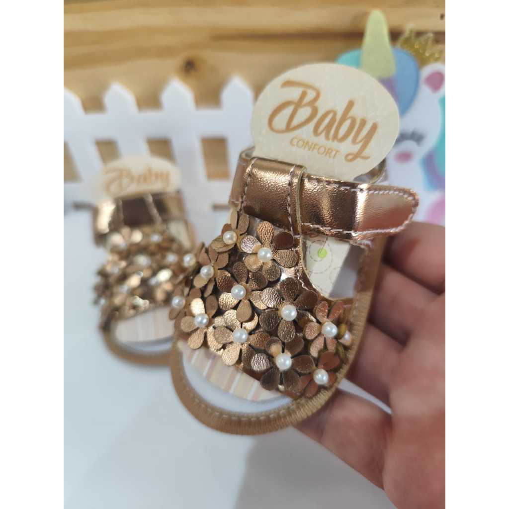 Sandália para Menina Luxo 0 a 12 meses em flores Bronze   Sintético