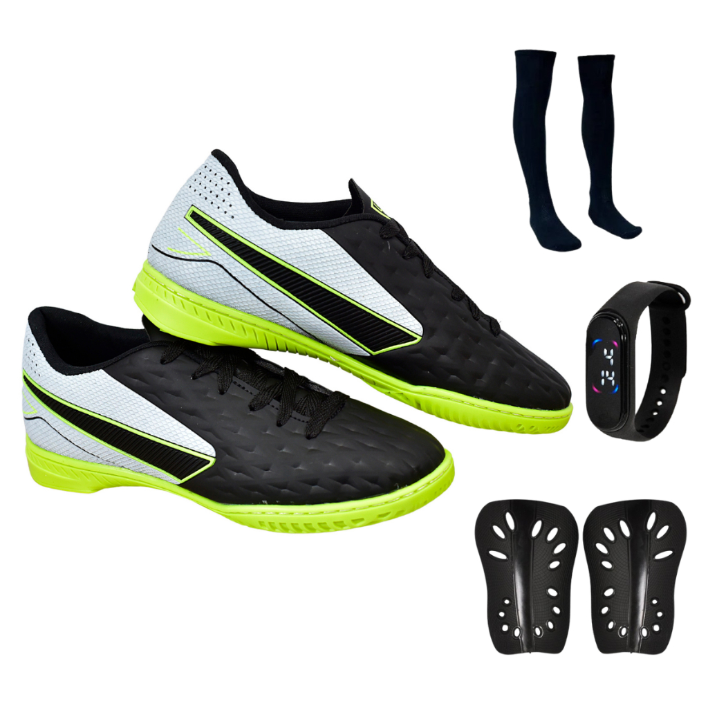 Chuteira Impactor Futsal Adulto Novo Uzze Sport + Meião Relógio Caneleira