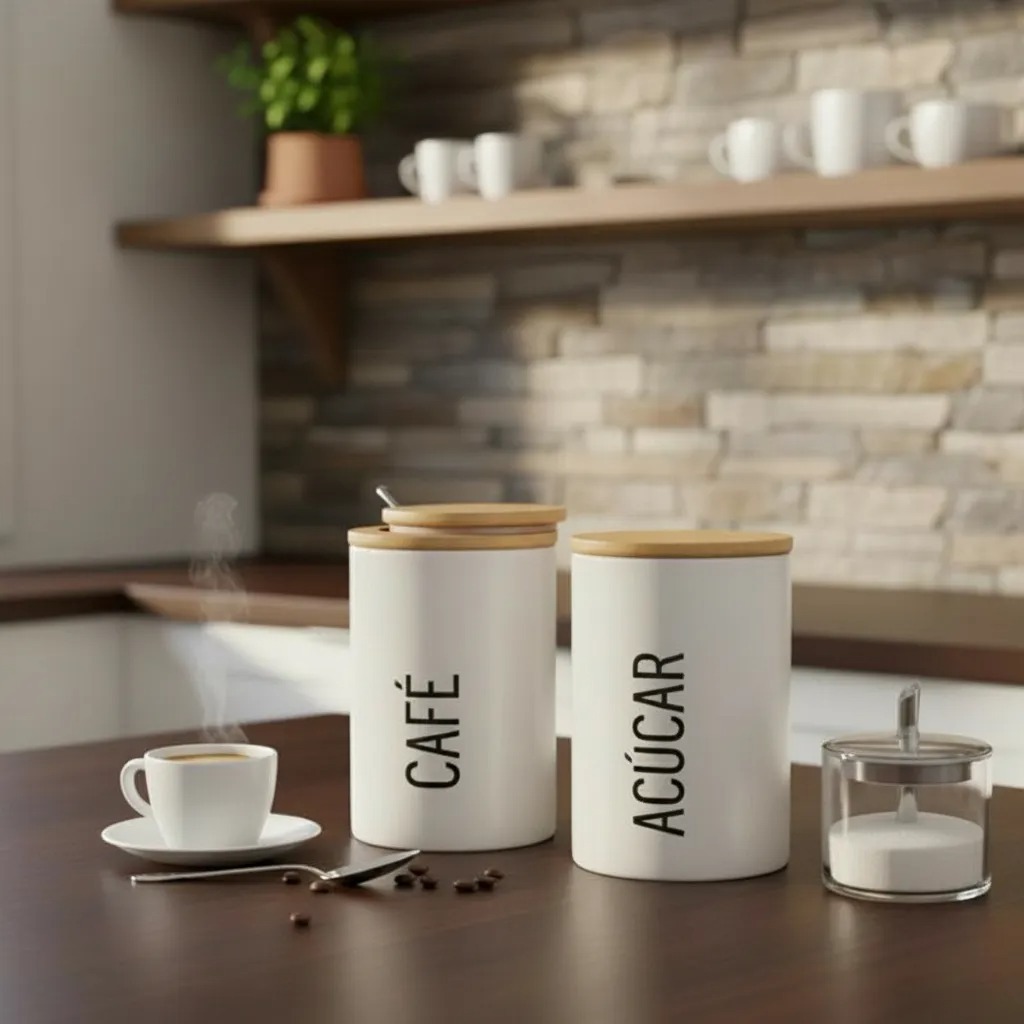 Conjunto Lata Porta Mantimentos Kit Tampa Bambu Café Açúcar Branco