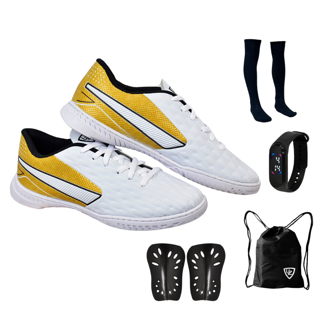 Chuteira Impactor Futsal Adulto Leve Uzze Sport + Meião Relógio Mochila Caneleira