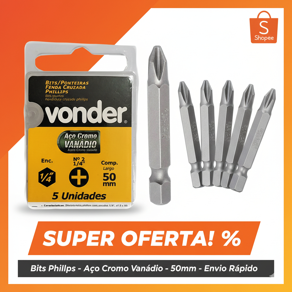 Estojo com 5 Pontas Bit Philips Ph2 Aço Cromo Vanádio 1/4 Sextavada