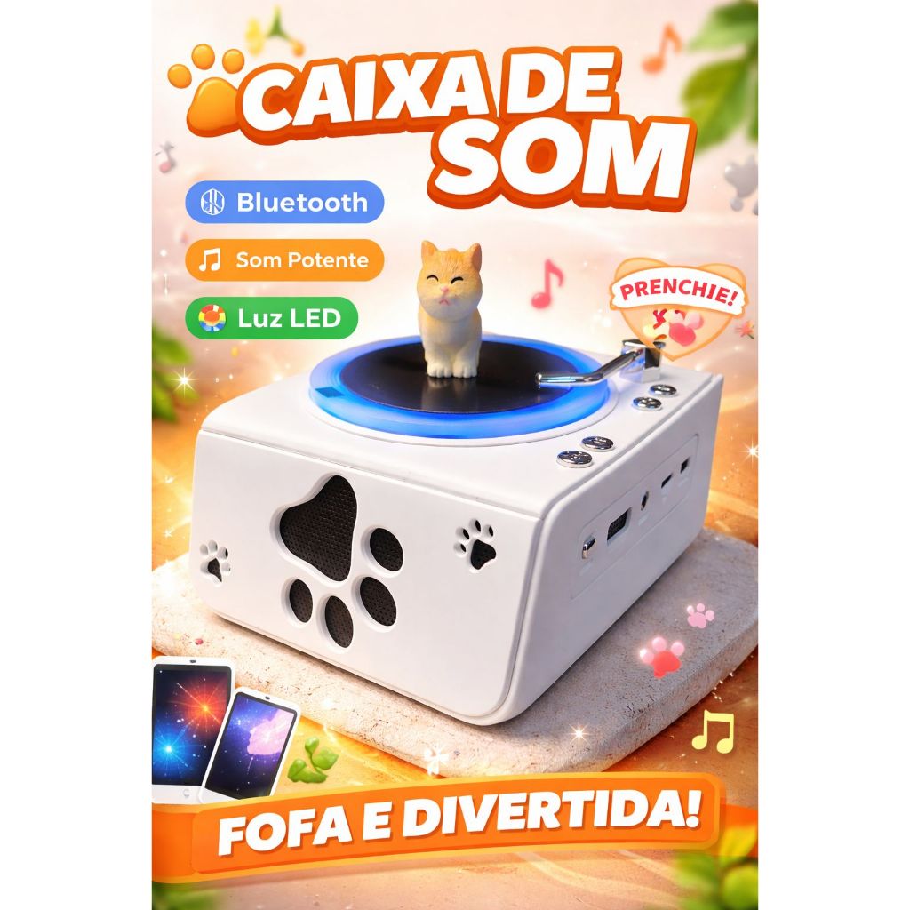 Caixinha de Som Retrô com Rádio FM/AM, Bluetooth e Gatinho Dançante em Oferta na Shopee