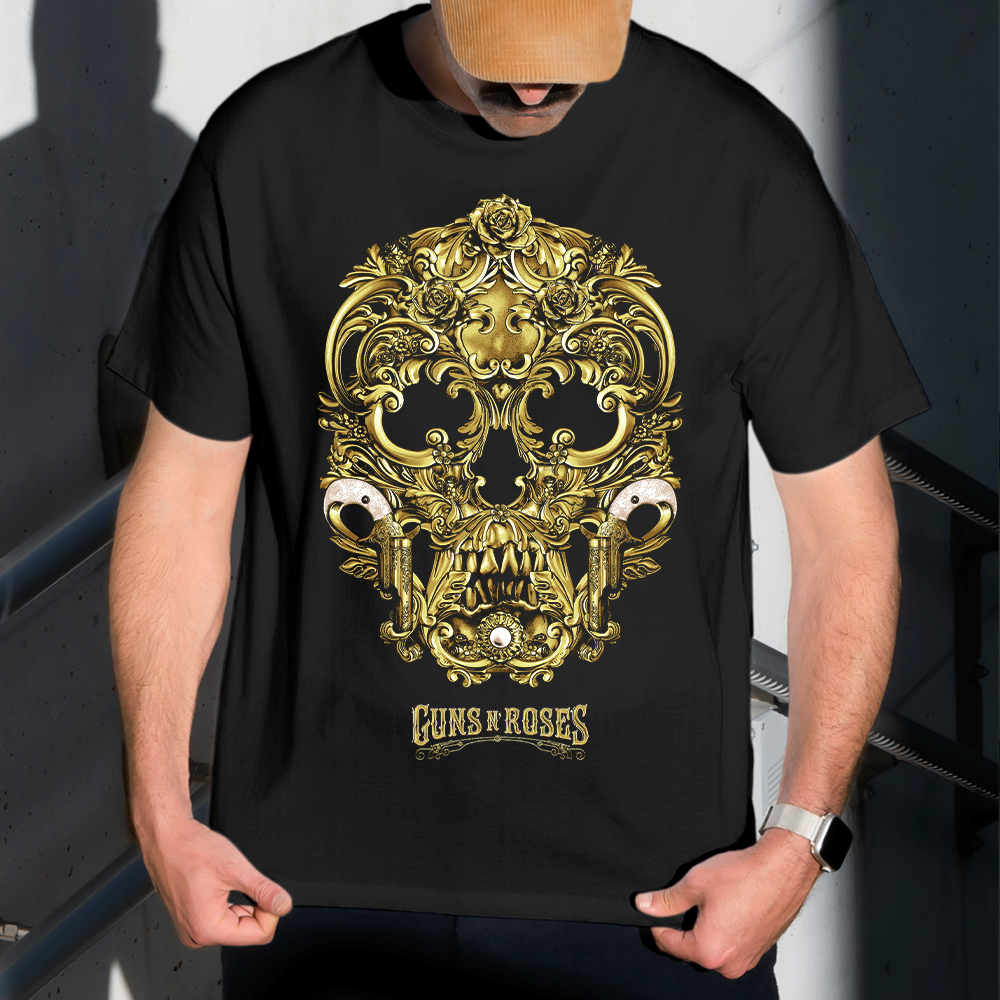 Camiseta Masculina Estampa Guns N' Roses Ouro 100% Algodão Estilo Conforto Diário Do Tamanho P ao GG
