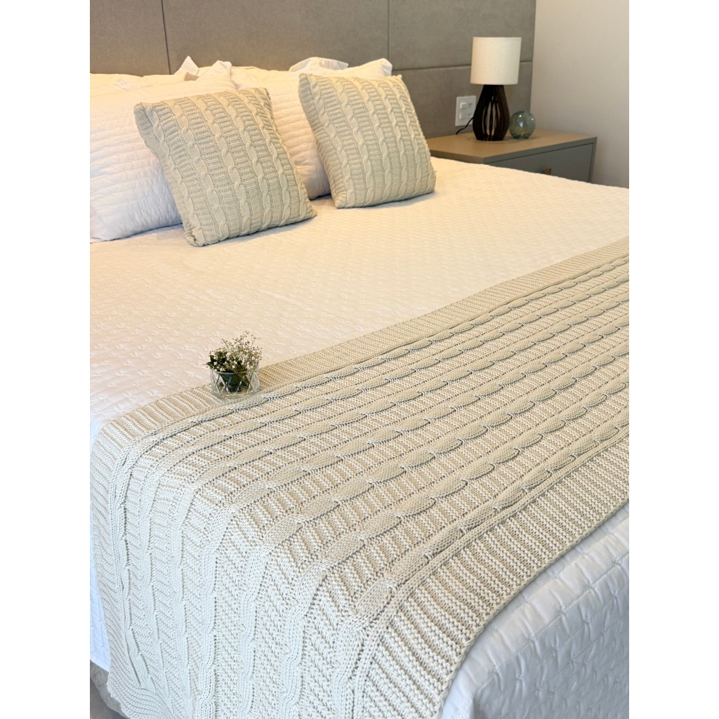 Manta Peseira Tricot Queen Kit + 2 Capas De Almofada Cama Sofá Decoração Luxo Aconchegante Boho FI