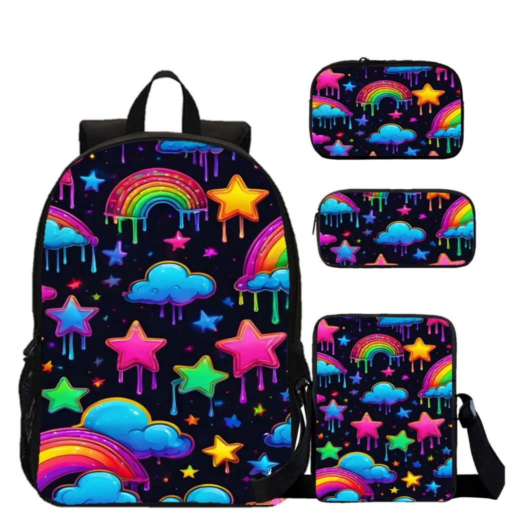Kit Mochila Escolar Personalizada Arco-Iris Neon Lancheira Estojo Necessaire Feminina Menin Reforçada Luxo Premium