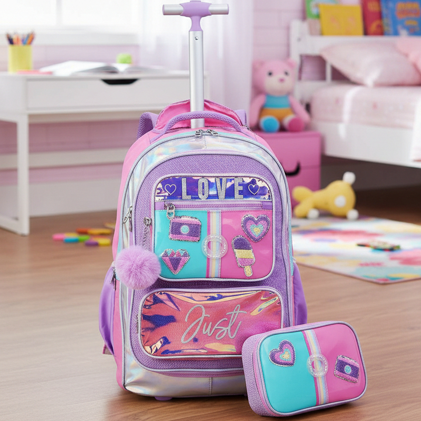 Kit Mochila Rodinha Costas 2 em 1 Juvenil Escolar Menina Feminina Estojo Infantil Carrinho Embutido