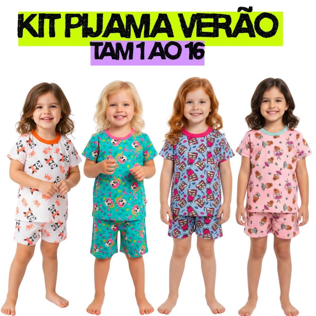 Kit 4 Peças Pijamas Infantis Feminino Verão| Confortável| 2 Camiseta e 2 Short| Algodão| Menina