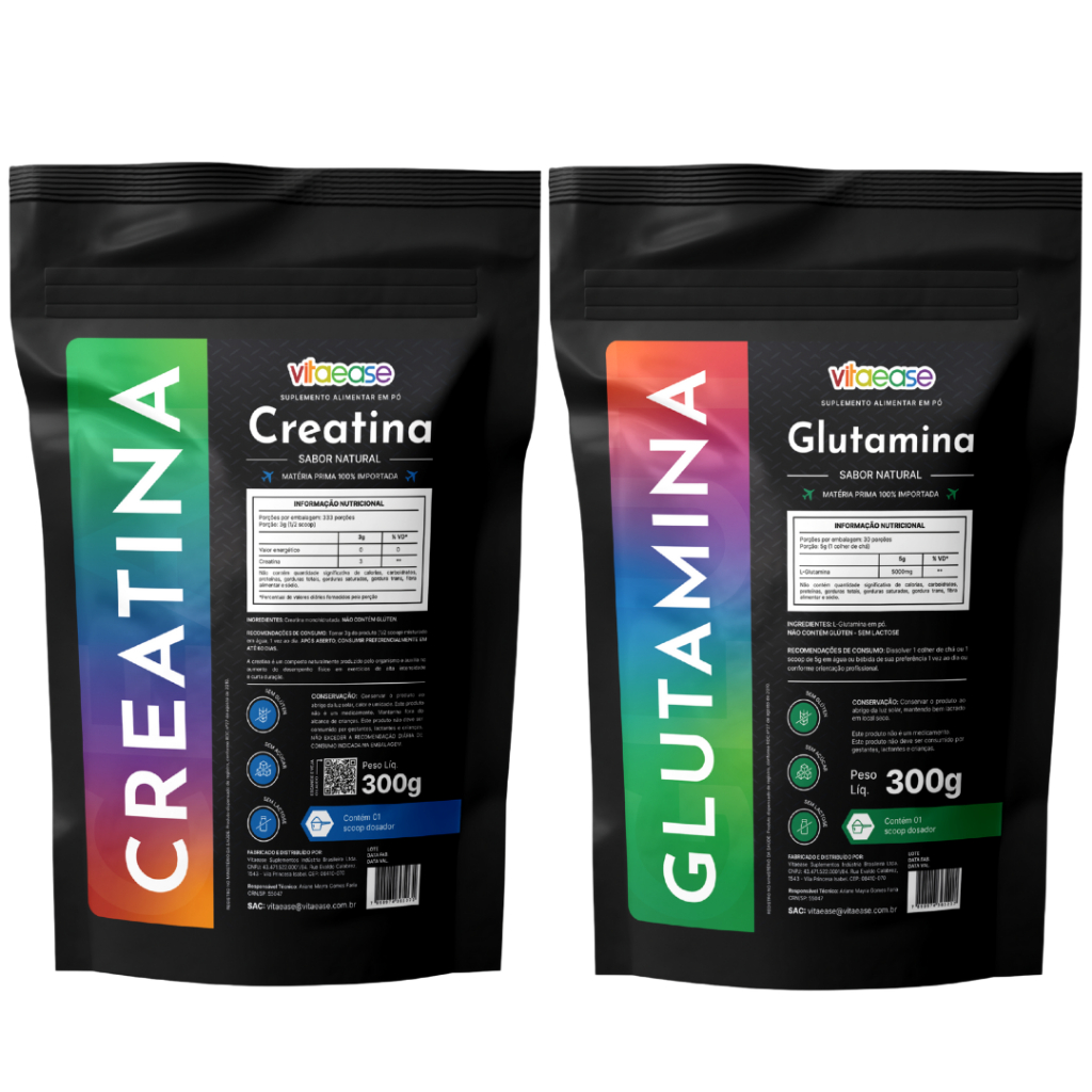 Combo Vitaease Creatina Monohidratada 300g + Glutamina 300g | Suplementos Alimentares