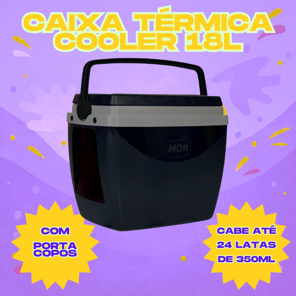 Caixa Térmica Preta Cooler 18 Litros Com Alça e Porta Copos Camping e Praia - Mor em Oferta na Shopee