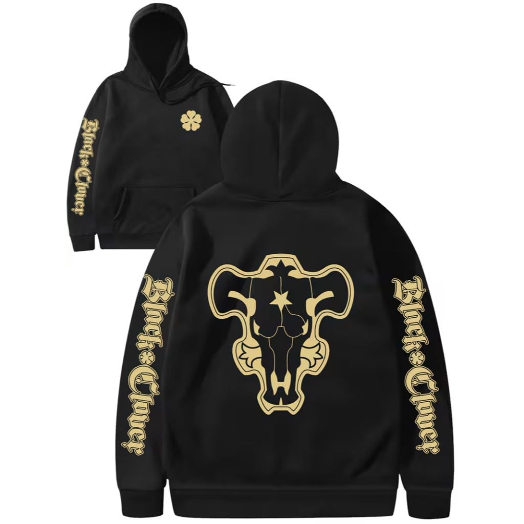 Moletom Canguru Com Capuz Unissex Algodão Anime Black Clover Touros Negros