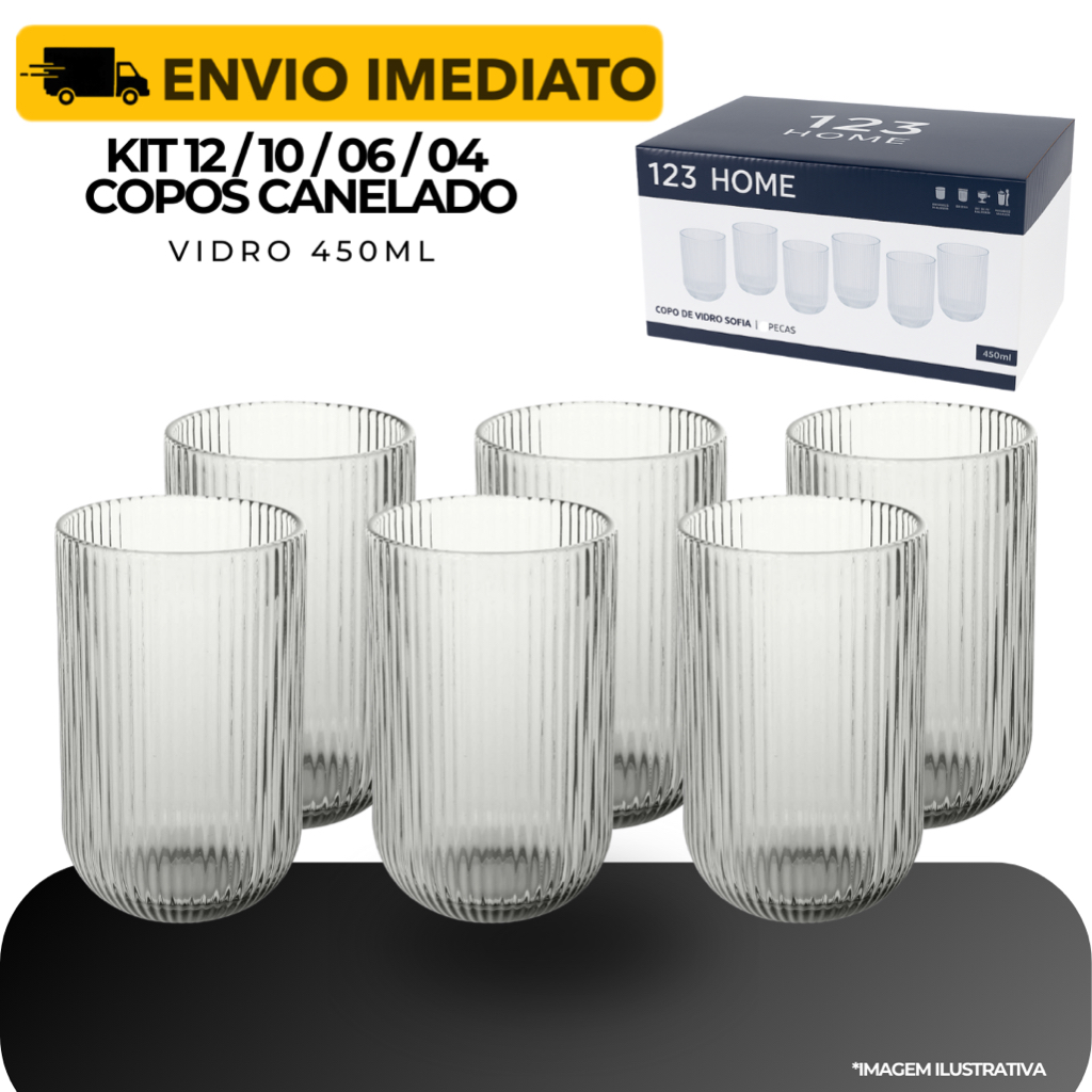 Jogo 12/10/06/04 Copos Vidro 450ml Long Drink Versalhes Canelado Elegante