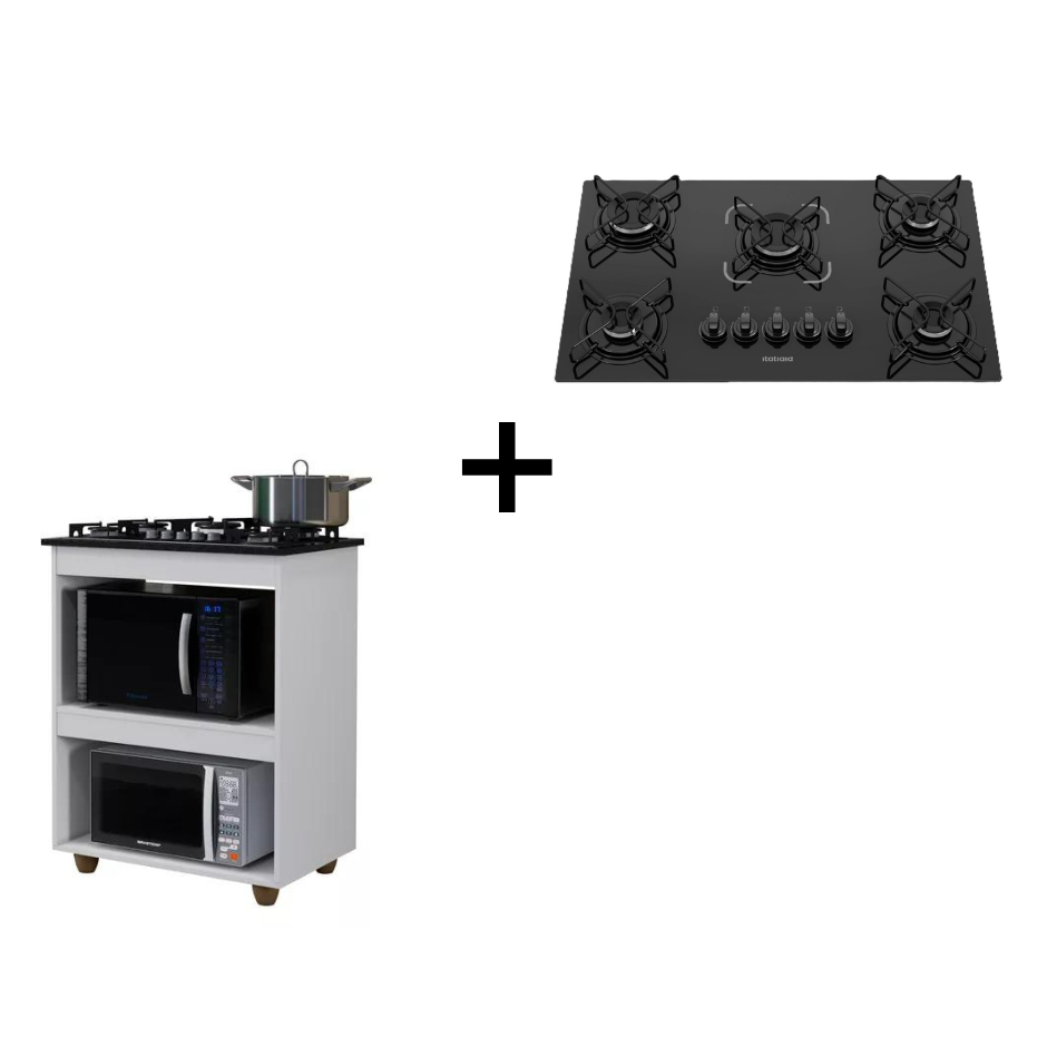 Promoção! Kit Fogão Cooktop Itatiaia 5 Bocas + Balcão de Madeira Kaike com Apoio para Microondas