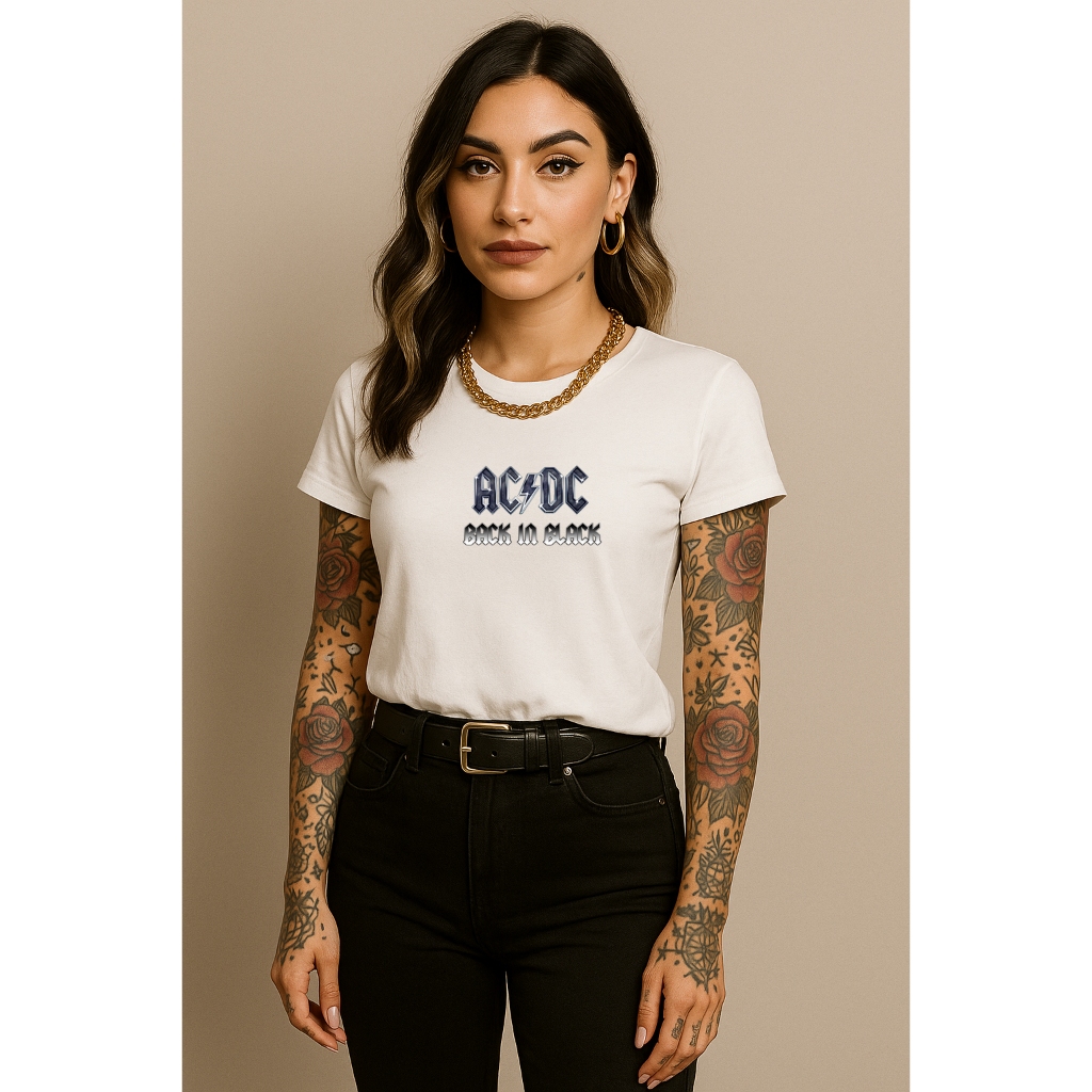 Camiseta T Shirt Babylook Feminina AC DC Back in Black Banda Rock 100% Algodão Premium
