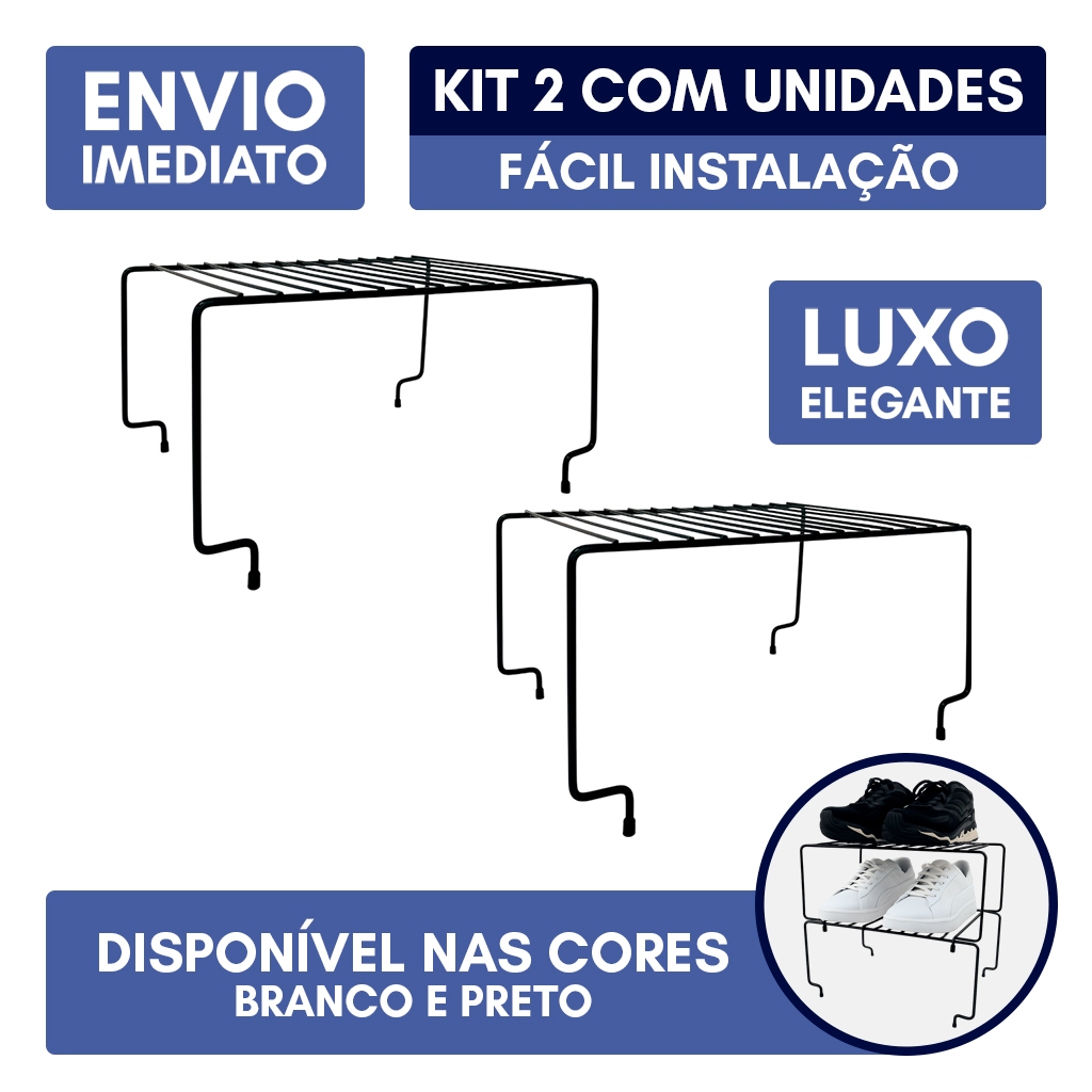 Kit 2 Organizador Multiuso Rack Prateleira Empilhável Sapateira Armário Guarda-roupa Carbono Preto