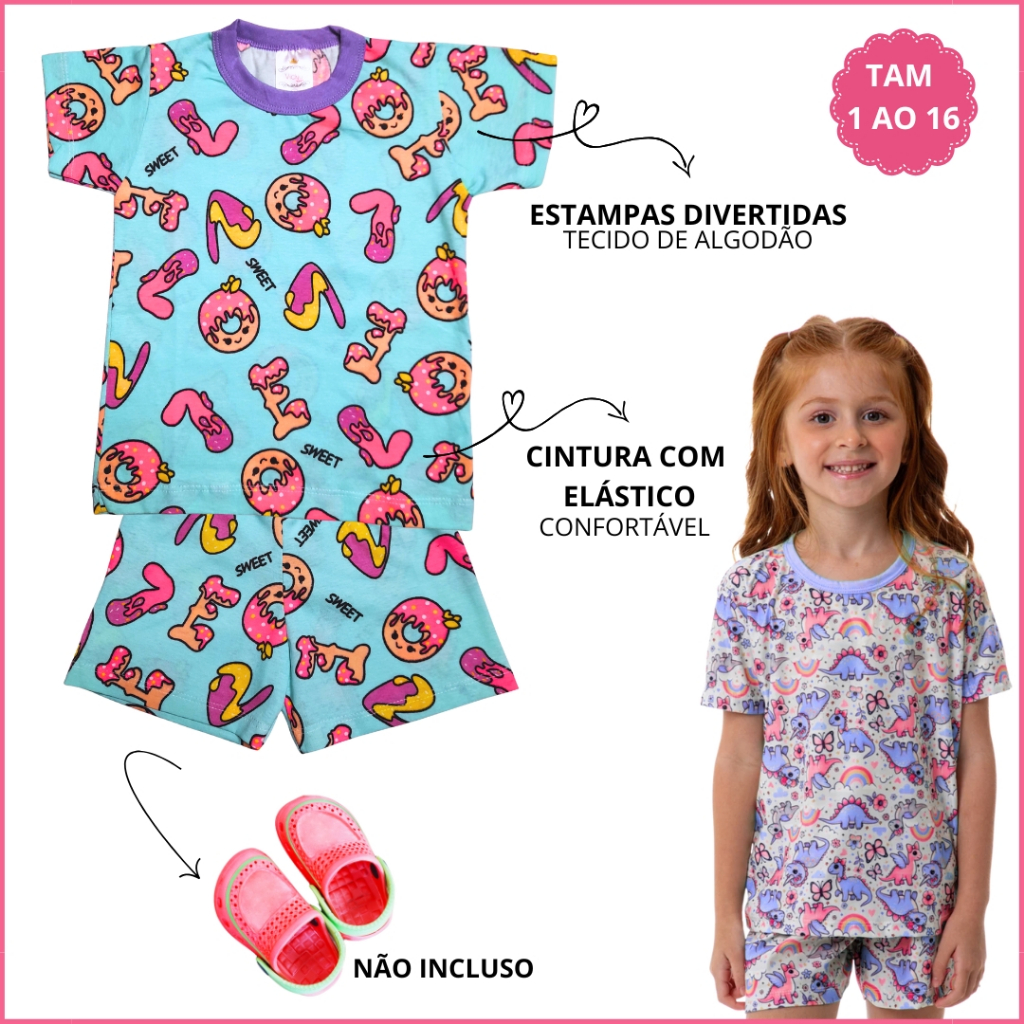 Pijama Menina Verão| Infantil Feminino|100% Algodão| Calor| Camiseta e Short |Juvenil| Bebê | 1 a 16