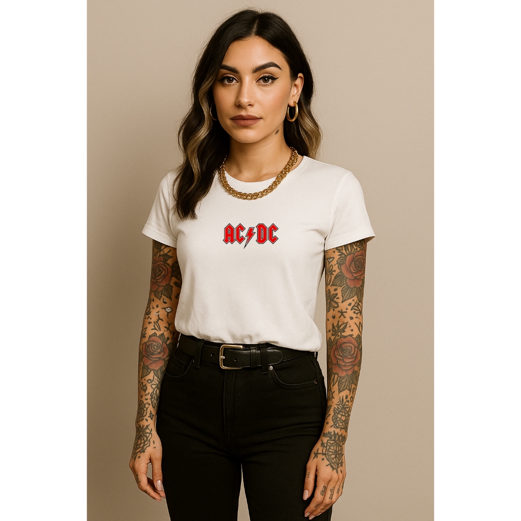 Camiseta T Shirt Babylook Feminina AC DC Escrito Banda Rock 100% Algodão Premium